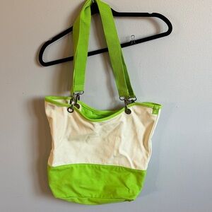Thirty One Large Canvas Crew Tote Bag Lime Green & Cream Oversized, Weekend Tote